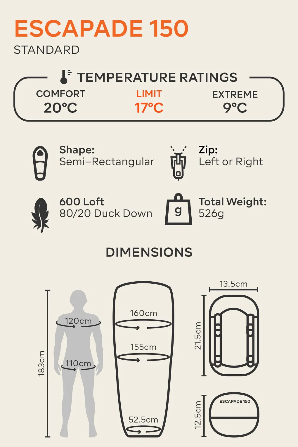 Macpac Standard Escapade 150 Down Sleeping Bag (17°C)